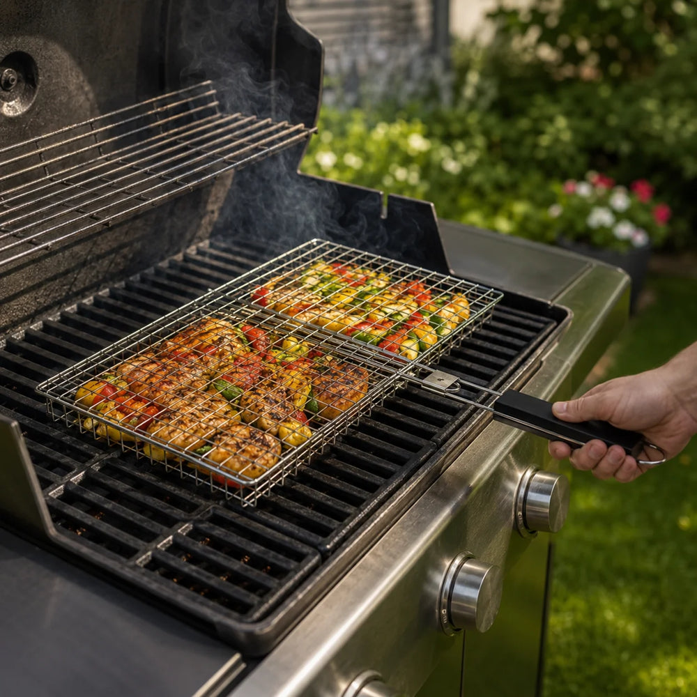 Grillmand met handvat voor vis, vlees en groenten